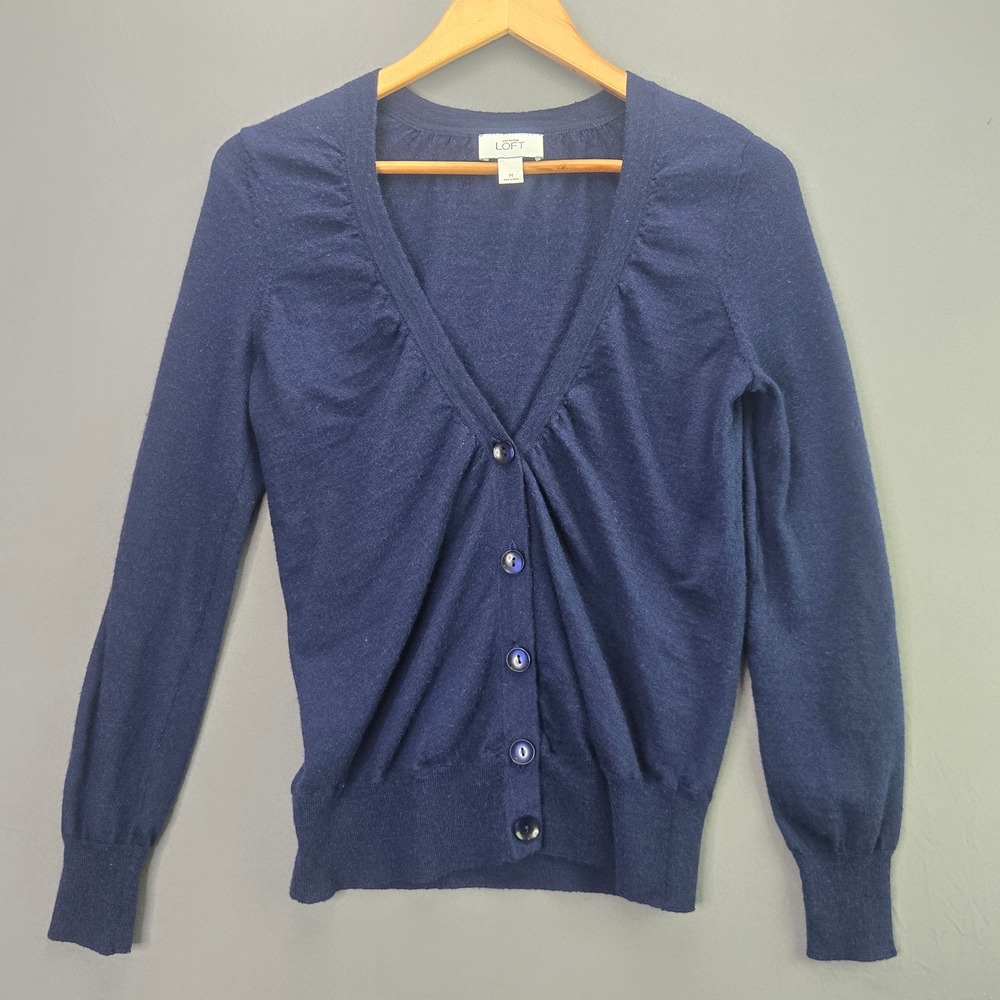 LOFT Cardigan Sweater M Navy Blue Wool Blend V-Neck Button Up Ruched Shoulder